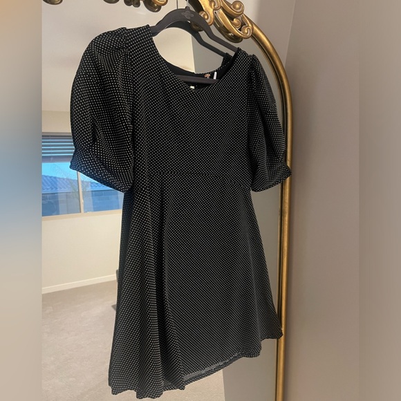 Free People Dress Size M Black White Polka Dot Fit & Flare Short Puff Sleeves - Picture 2 of 3
